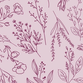 24" Repeat AMELIA Tossed Botanical Pattern Jumbo Scale | Maroon Pink