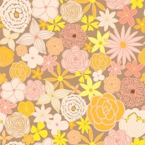 retro boho floral blooms - blushing brights on brown