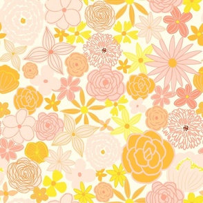 retro boho floral blooms - blushing brights on yellow