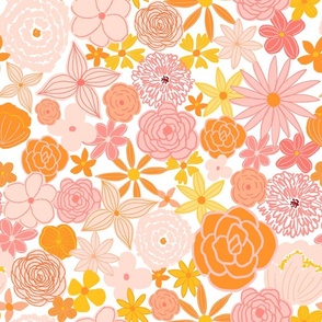 retro boho floral blooms - pink and orange