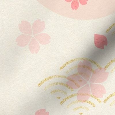 Sakura and Japanese waves - pink, gold, light beige