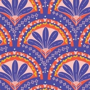 Art Deco Fan Daisy Pattern in Navy Blue, Pink and Red