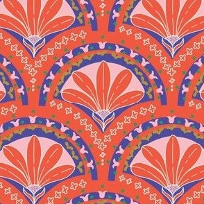 Art Deco Fan Daisy Pattern in Red and Navy Blue
