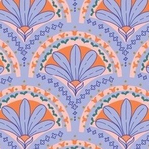 Art Deco Fan Daisy Pattern in Orange and Light Blue