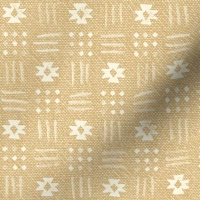 Mudcloth Stars, Ivory on Wheat (large scale) | Geometric block print stars on chambray cotton, earthy yellow and warm white rustic, natural decor, warm minimalism neutrals.