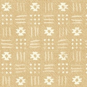 Mudcloth Stars, Ivory on Wheat (large scale) | Geometric block print stars on chambray cotton, earthy yellow and warm white rustic, natural decor, warm minimalism neutrals.