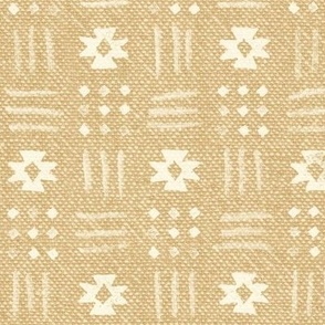 Mudcloth Stars, Ivory on Wheat (xl scale) | Geometric block print stars on chambray cotton, earthy yellow and warm white rustic, natural decor, warm minimalism neutrals.