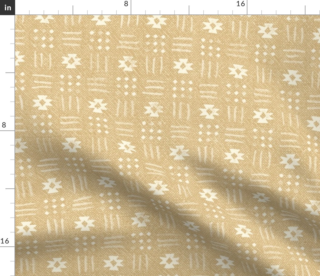Mudcloth Stars, Ivory on Wheat (xl scale) | Geometric block print stars on chambray cotton, earthy yellow and warm white rustic, natural decor, warm minimalism neutrals.