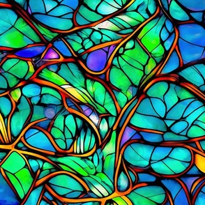 Abstract stained glass of feathers bluegreen birds