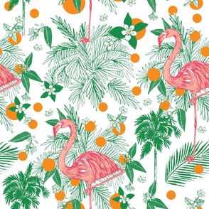 Flamboyant Pink Flamingos with Bright Palm Tree Leaves and Oranges and Orange Flowers