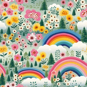 Large Cheery Spring Meadows Rainbow Folksy Floral