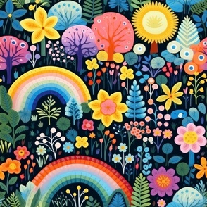 Large Cheery Meadows Rainbow Folksy Floral Black