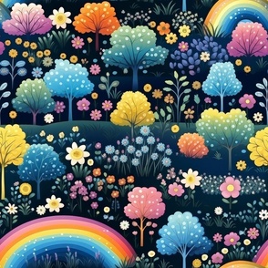 Large Cheery Forest Rainbow Folksy Floral Black