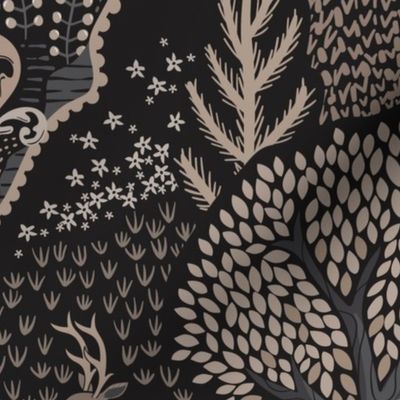 Forest Biome - forest ecosystem with trees and flowers with deer, luna moths, mushrooms and ferns - decorative ogee - warm sepia, grey and taupe - jumbo