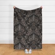 Forest Biome - forest ecosystem with trees and flowers with deer, luna moths, mushrooms and ferns - decorative ogee - warm sepia, grey and taupe - jumbo