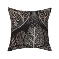 Forest Biome - forest ecosystem with trees and flowers with deer, luna moths, mushrooms and ferns - decorative ogee - warm sepia, grey and taupe - jumbo