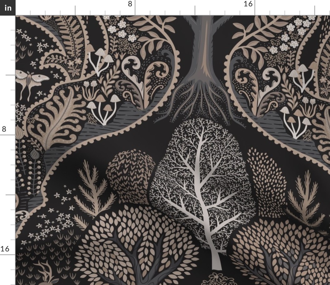 Forest Biome - forest ecosystem with trees and flowers with deer, luna moths, mushrooms and ferns - decorative ogee - warm sepia, grey and taupe - jumbo