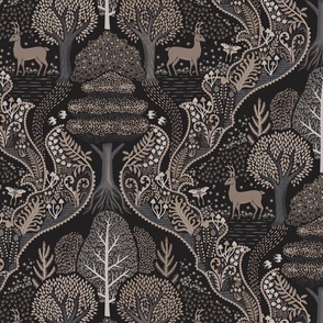 Forest Biome - forest ecosystem with trees and flowers with deer, luna moths, mushrooms and ferns - decorative ogee - warm sepia, grey and taupe - large