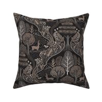 Forest Biome - forest ecosystem with trees and flowers with deer, luna moths, mushrooms and ferns - decorative ogee - warm sepia, grey and taupe - medium