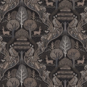 Forest Biome - forest ecosystem with trees and flowers with deer, luna moths, mushrooms and ferns - decorative ogee - warm sepia, grey and taupe - medium