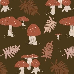   Mystical Forest Delight: Mushrooms and Ferns Pattern, brown