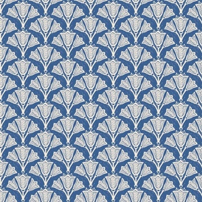 Tulips- blockprint hummuingbird cream on blue,  medium-small scale