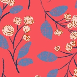 Tossed Roses with blue leaves on red background, textured hand drawn