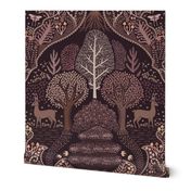 Forest Biome - forest ecosystem with trees and flowers with deer, luna moths, mushrooms and ferns - decorative ogee - mahogany - jumbo