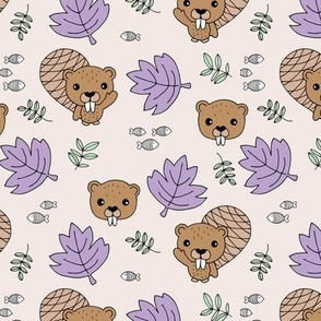 Little river friends - beavers and fish canada maple leaves nature theme mint lilac on sand