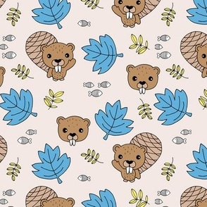 Little river friends - beavers and fish canada maple leaves nature theme blue yellow on sand