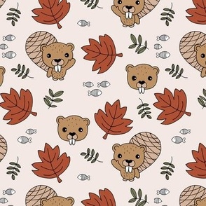 Little river friends - beavers and fish canada maple leaves nature theme red green on sand