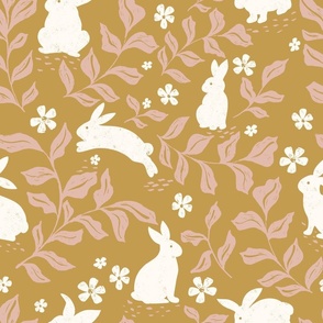 Hippity Hop Rabbits in the Garden Golden Yellow 9x9