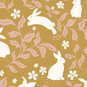 Hippity Hop Rabbits in the Garden Golden Yellow 12 x12