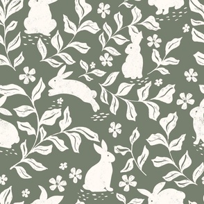 Hippity Hop Rabbits in the Garden Sage Green  9x9