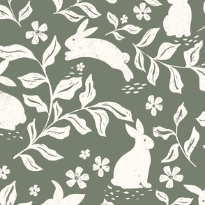 Hippity Hop Rabbits in the Garden Sage Green 12x12