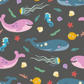 Marine life with whales, gray background, big size