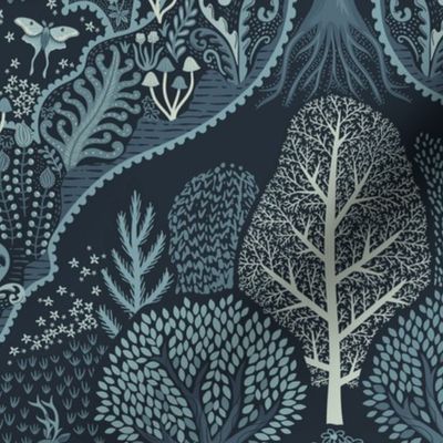 Forest Biome - forest ecosystem with trees and flowers with deer, luna moths, mushrooms and ferns - decorative ogee - antique blue - large