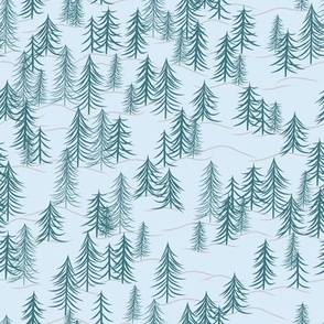 A Winterscape of Trees and Soft Snow Drifts on a Pale Blue Snow