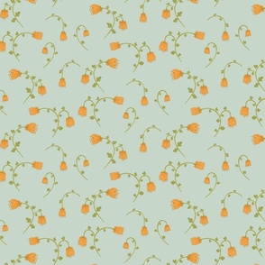 Retro Bellflowers with stems soft orange on light teal scattered