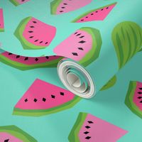 Groovy geometric watermelon summer - fruit melon design in retro nineties palette pink green on turquoise blue 