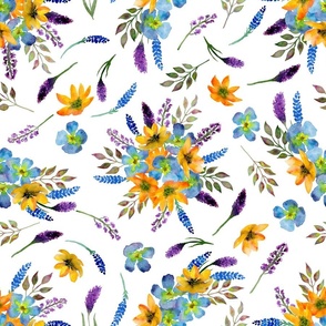 Watercolour pattern, bouquet of wild flowers, white background. Seamless floral pattern-303.