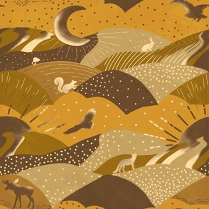 Woodland animals mountains and clouds landscape with fox, eagle, mouse, rabbit, moose and squirrel in  brown and gold