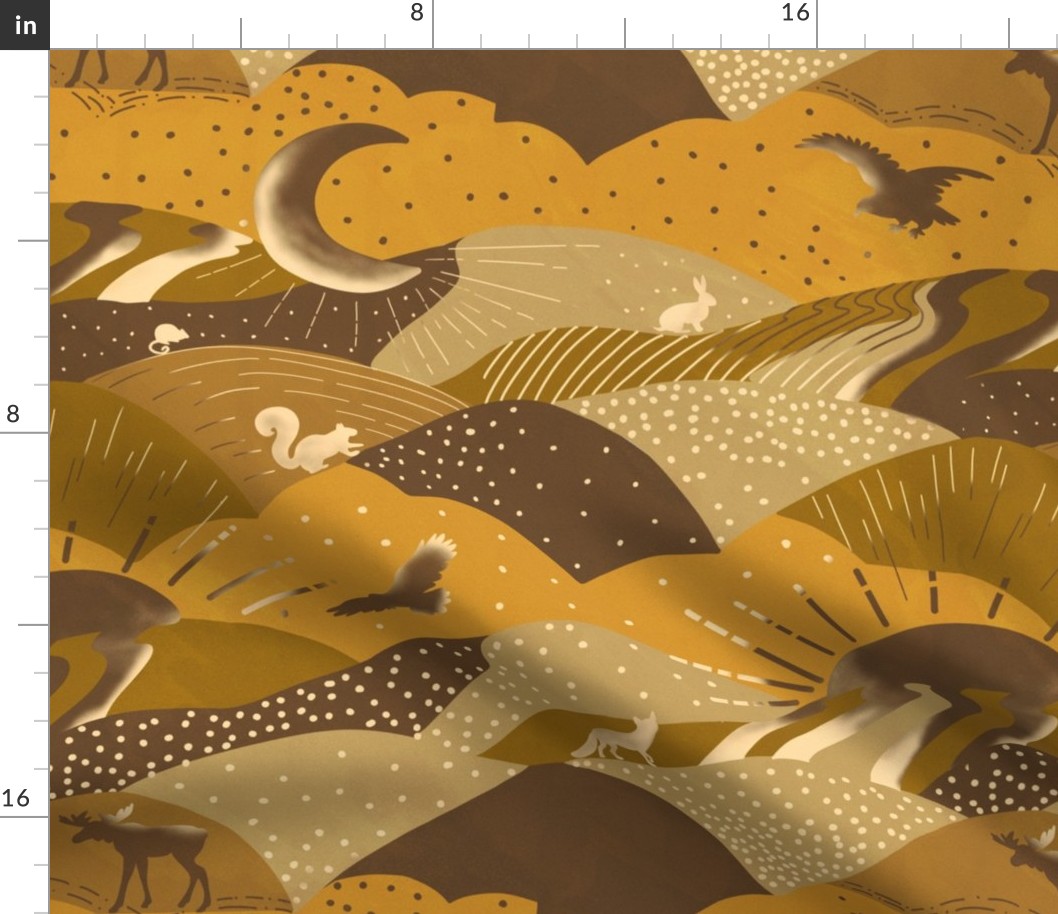 Woodland animals mountains and clouds landscape with fox, eagle, mouse, rabbit, moose and squirrel in  brown and gold