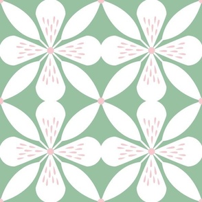 Mid Century Modern Flowers in Green, Pink and White