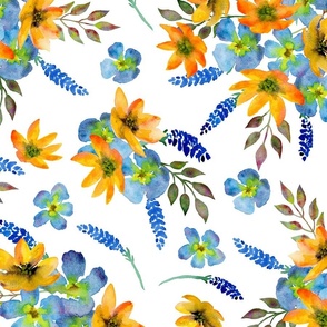 Watercolour pattern, bouquet of wild flowers, white background. Seamless floral pattern-304.