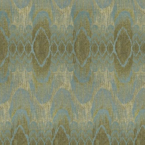 Ikat, Gold, Large Scale, Vertical, Warm Minimal woven linen texture neutral blue gray green background, hand drawn warm old gold, antique gold, metallic gold, rustic tribal, boho, oval and wavy line pattern