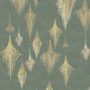 Constellation, Large Scale, Warm Minimal linen texture neutral blue gray green background, hand drawn warm star-like old gold, antique gold, metallic gold, rustic tribal, boho, rustic, medallions