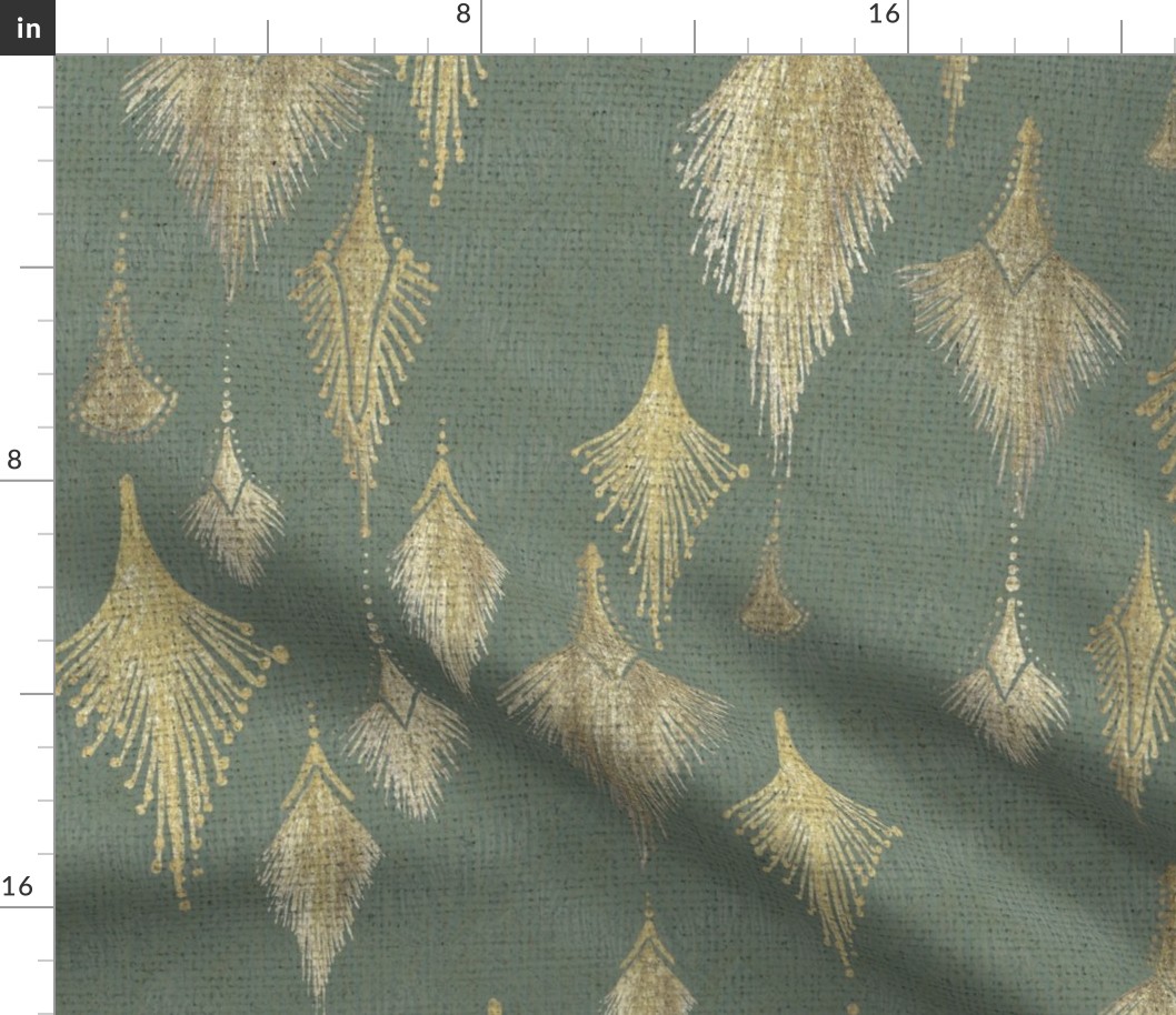 Constellation, Large Scale, Warm Minimal linen texture neutral blue gray green background, hand drawn warm star-like old gold, antique gold, metallic gold, rustic tribal, boho, rustic, medallions