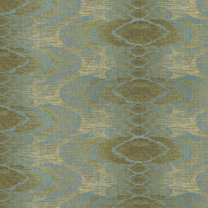 Ikat, Gold, Large Scale, Horizontal, Warm Minimal woven linen texture neutral blue gray green background, hand drawn warm old gold, antique gold, metallic gold, rustic tribal, boho, oval and wavy line pattern