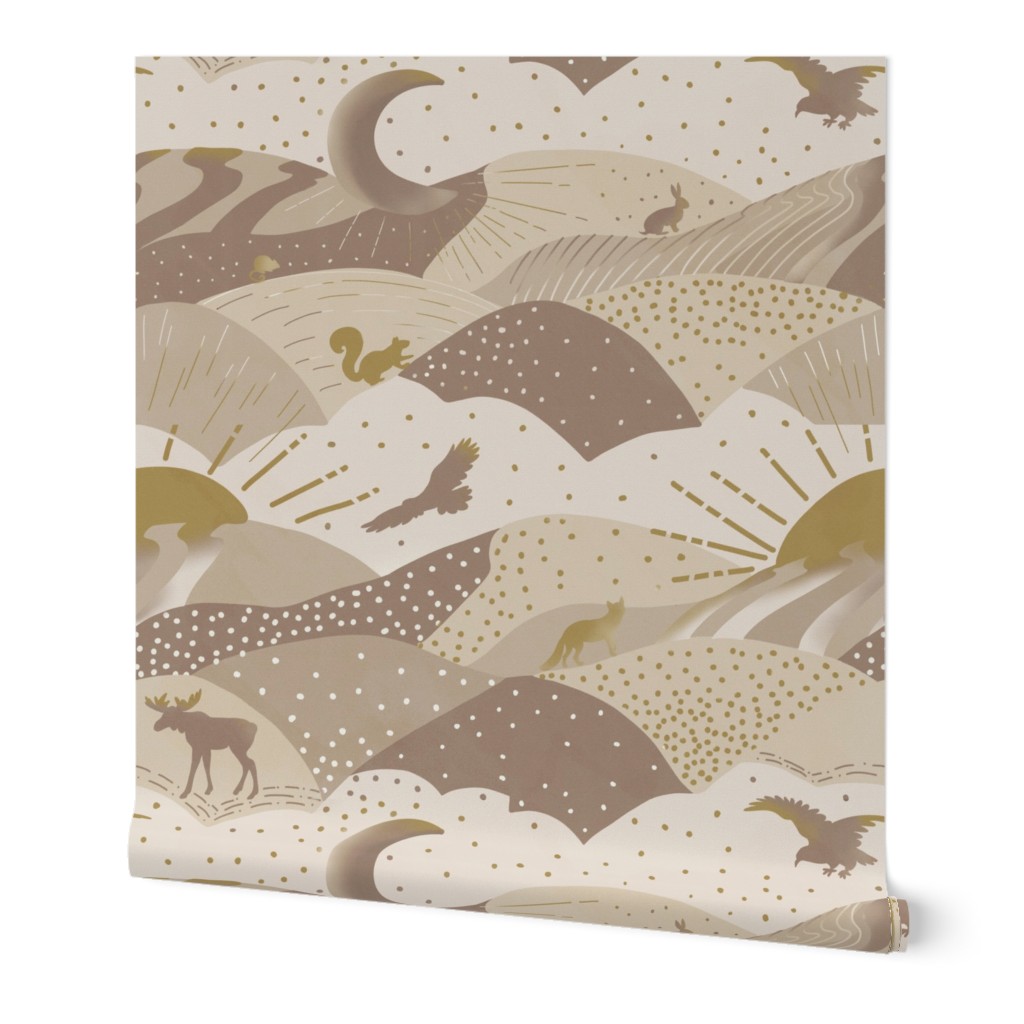 Woodland animals mountains and clouds landscape with fox, eagle, mouse, rabbit, moose and squirrel in  beige and gold